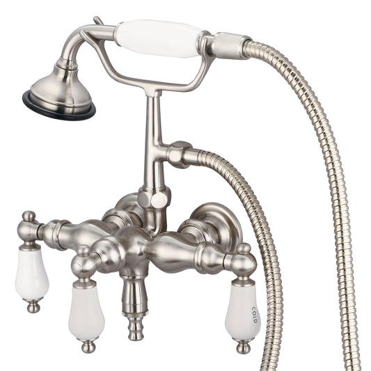 Water Creation | Vintage Classic 3.375 Inch Center Wall Mount Tub Faucet With Down Spout, Straight Wall Connector & Handheld Shower in Brushed Nickel Finish With Porcelain Lever Handles, Hot And Cold Labels Included | F6-0017-02-CL