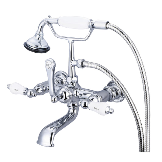 Water Creation | Vintage Classic 7 Inch Spread Wall Mount Tub Faucet With Straight Wall Connector & Handheld Shower in Chrome Finish With Porcelain Lever Handles, Hot And Cold Labels Included | F6-0010-01-CL