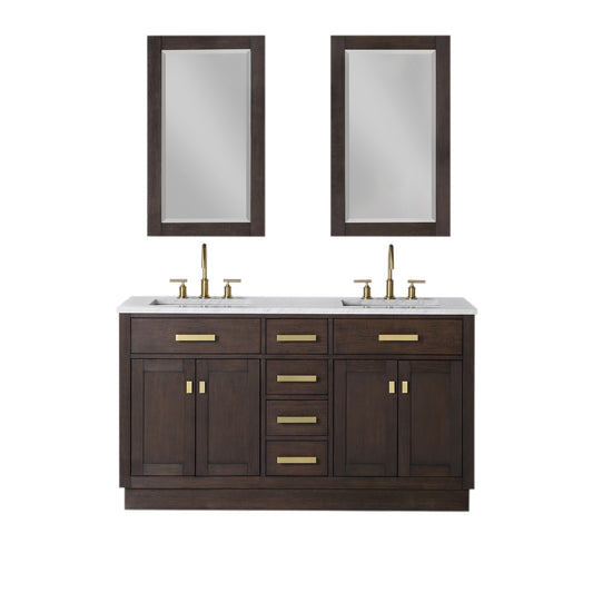 Water Creation | Chestnut 60 In. Double Sink Carrara White Marble Countertop Vanity In Brown Oak with Grooseneck Faucets and Mirrors | CH60CW06BK-R21BL1406