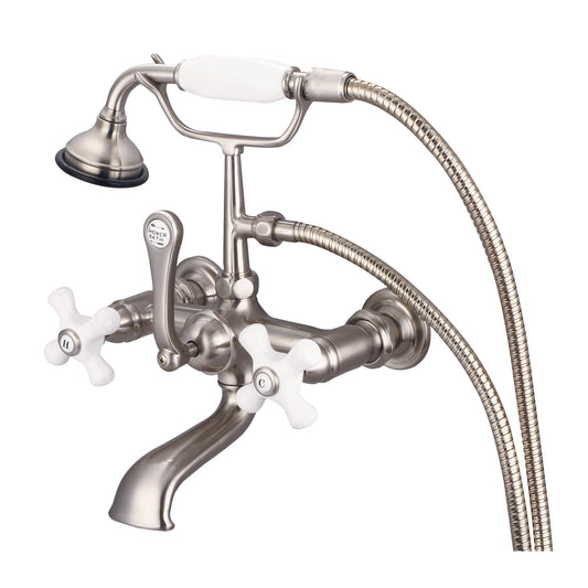 Water Creation | Vintage Classic 7 Inch Spread Wall Mount Tub Faucet With Straight Wall Connector & Handheld Shower in Brushed Nickel Finish With Porcelain Cross Handles, Hot And Cold Labels Included | F6-0010-02-PX