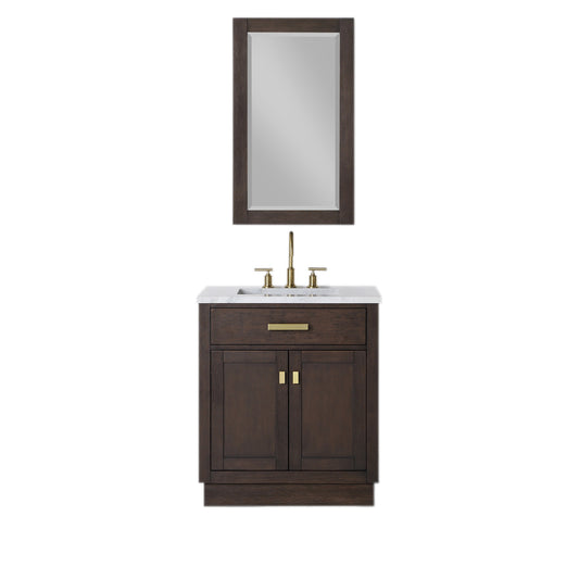 Water Creation | Chestnut 30 In. Single Sink Carrara White Marble Countertop Vanity In Brown Oak with Mirror | CH30CW06BK-R21000000