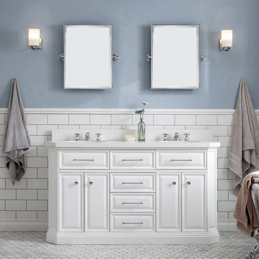 Water Creation | 60" Palace Collection Quartz Carrara Pure White Bathroom Vanity Set With Hardware And F2-0009 Faucets in Chrome Finish | PA60QZ01PW-000BX0901