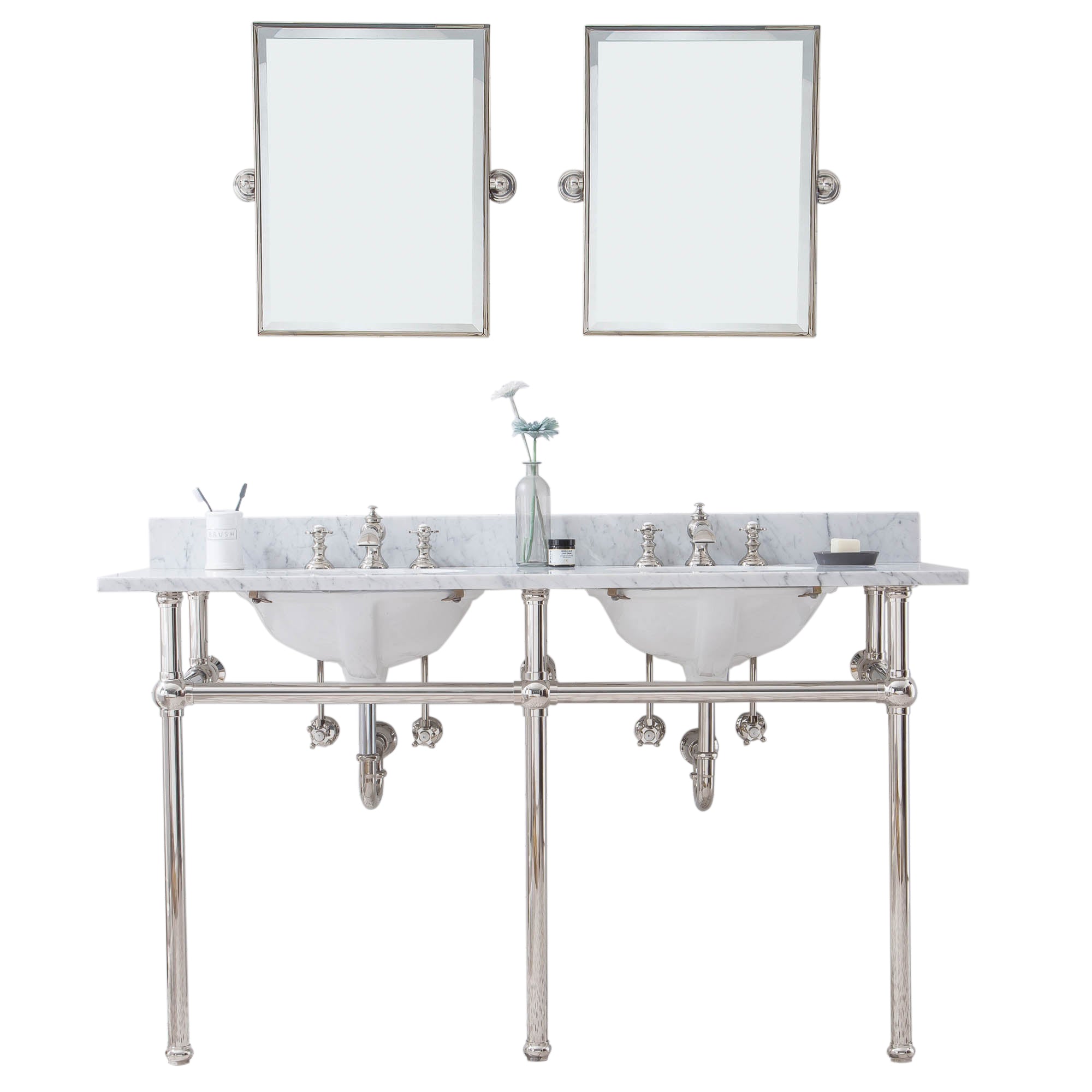 Water Creation | Embassy 60 Inch Wide Double Wash Stand, P-Trap, Counter Top with Basin, F2-0013 Faucet and Mirror included in Polished Nickel (PVD) Finish | EB60E-0513