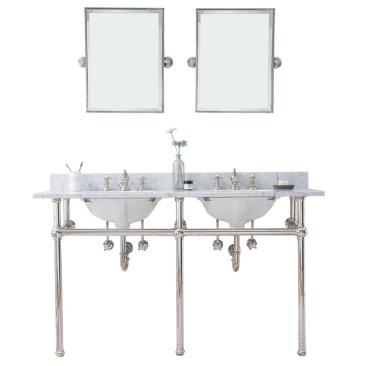 Water Creation | Embassy 60 Inch Wide Double Wash Stand, P-Trap, Counter Top with Basin, F2-0013 Faucet and Mirror included in Polished Nickel (PVD) Finish | EB60E-0513