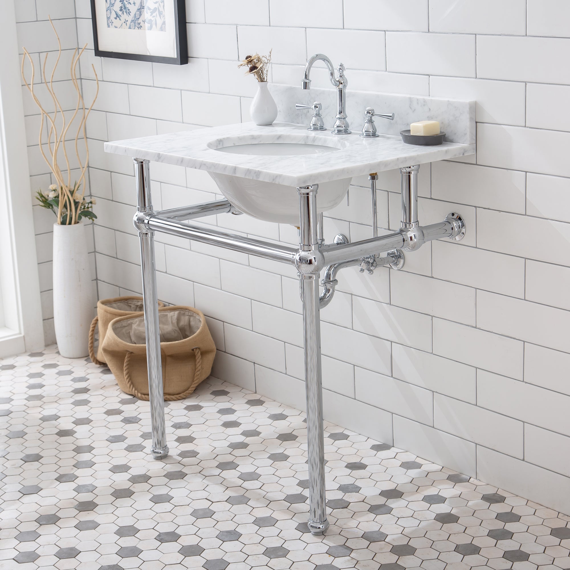 Water Creation | Embassy 30 Inch Wide Single Wash Stand, P-Trap, Counter Top with Basin, F2-0012 Faucet and Mirror included in Chrome Finish | EB30E-0112