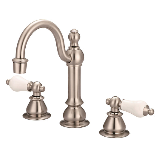 Water Creation | American 20th Century Classic Widespread Lavatory F2-0012 Faucets With Pop-Up Drain in Brushed Nickel Finish With Porcelain Lever Handles | F2-0012-02-PL