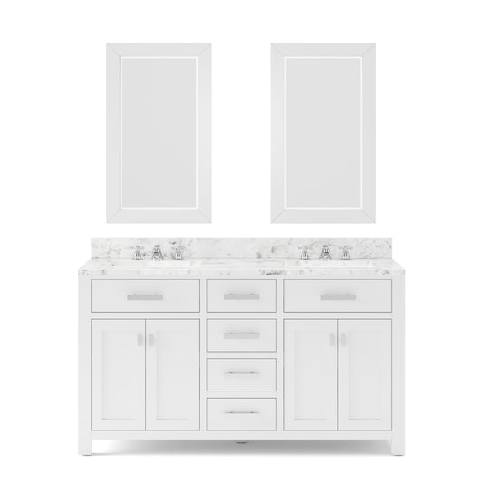 Water Creation | 60 Inch Pure White Double Sink Bathroom Vanity With 2 Matching Framed Mirrors And Faucets From The Madison Collection | MS60CW01PW-R21BX0901