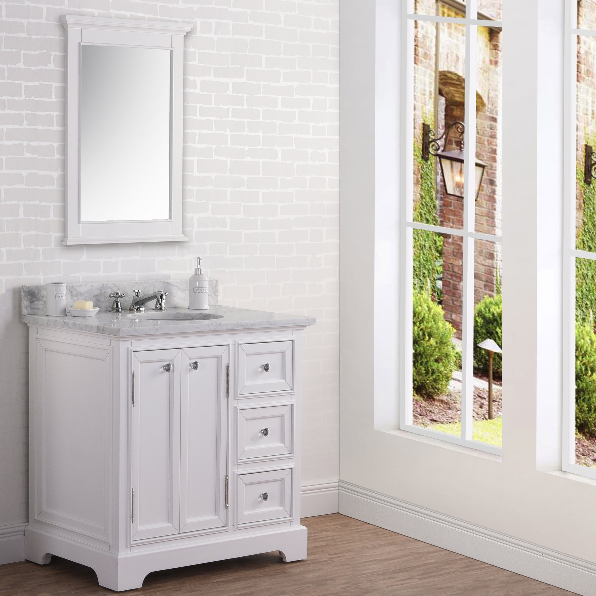 Water Creation | 36 Inch Wide Pure White Single Sink Carrara Marble Bathroom Vanity With Matching Mirror And Faucet(s) From The Derby Collection | DE36CW01PW-B24BX0901