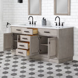 Water Creation | Chestnut 72 In. Double Sink Carrara White Marble Countertop Vanity In Grey Oak with Grooseneck Faucets and Mirrors | CH72CW03GK-R21BL1403