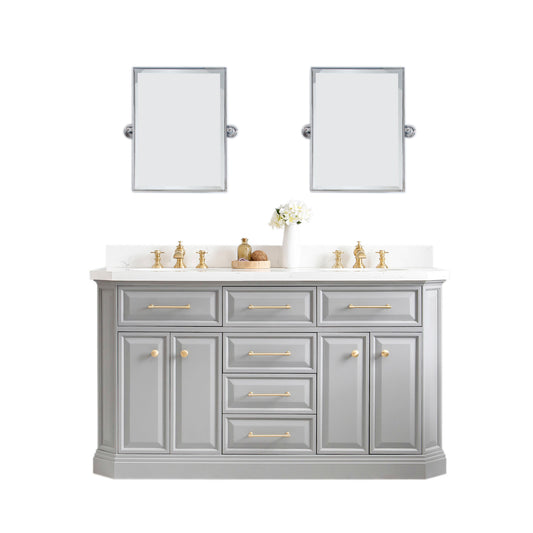 Water Creation | 60" Palace Collection Quartz Carrara Cashmere Grey Bathroom Vanity Set With Hardware And F2-0013 Faucets in Satin Gold Finish And Only Mirrors in Chrome Finish | PA60QZ06CG-E18FX1306