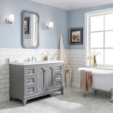 Water Creation | Queen 48-Inch Single Sink Quartz Carrara Vanity In Cashmere Grey With Matching Mirror(s) and F2-0013-01-FX Lavatory Faucet(s) | QU48QZ01CG-Q21FX1301