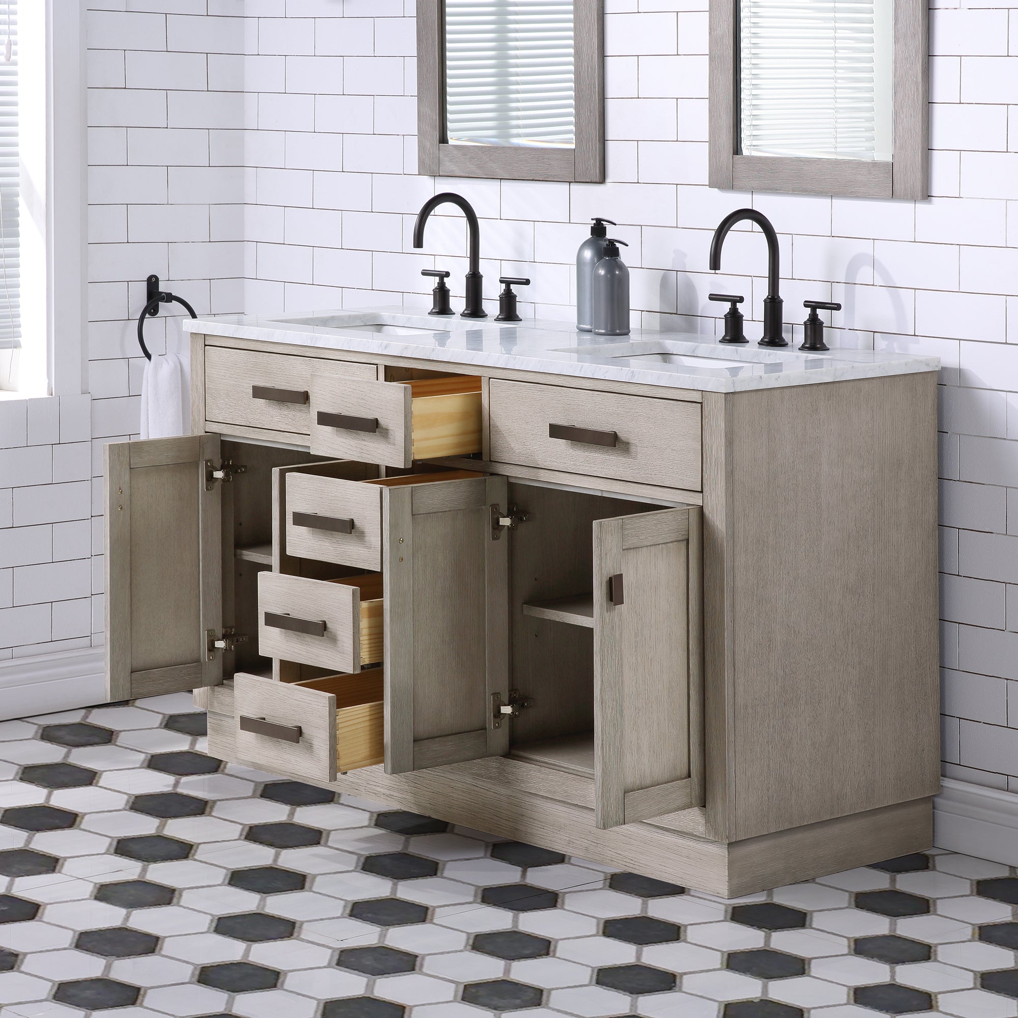 Water Creation | Chestnut 60 In. Double Sink Carrara White Marble Countertop Vanity In Grey Oak with Grooseneck Faucets and Mirrors | CH60CW03GK-R21BL1403