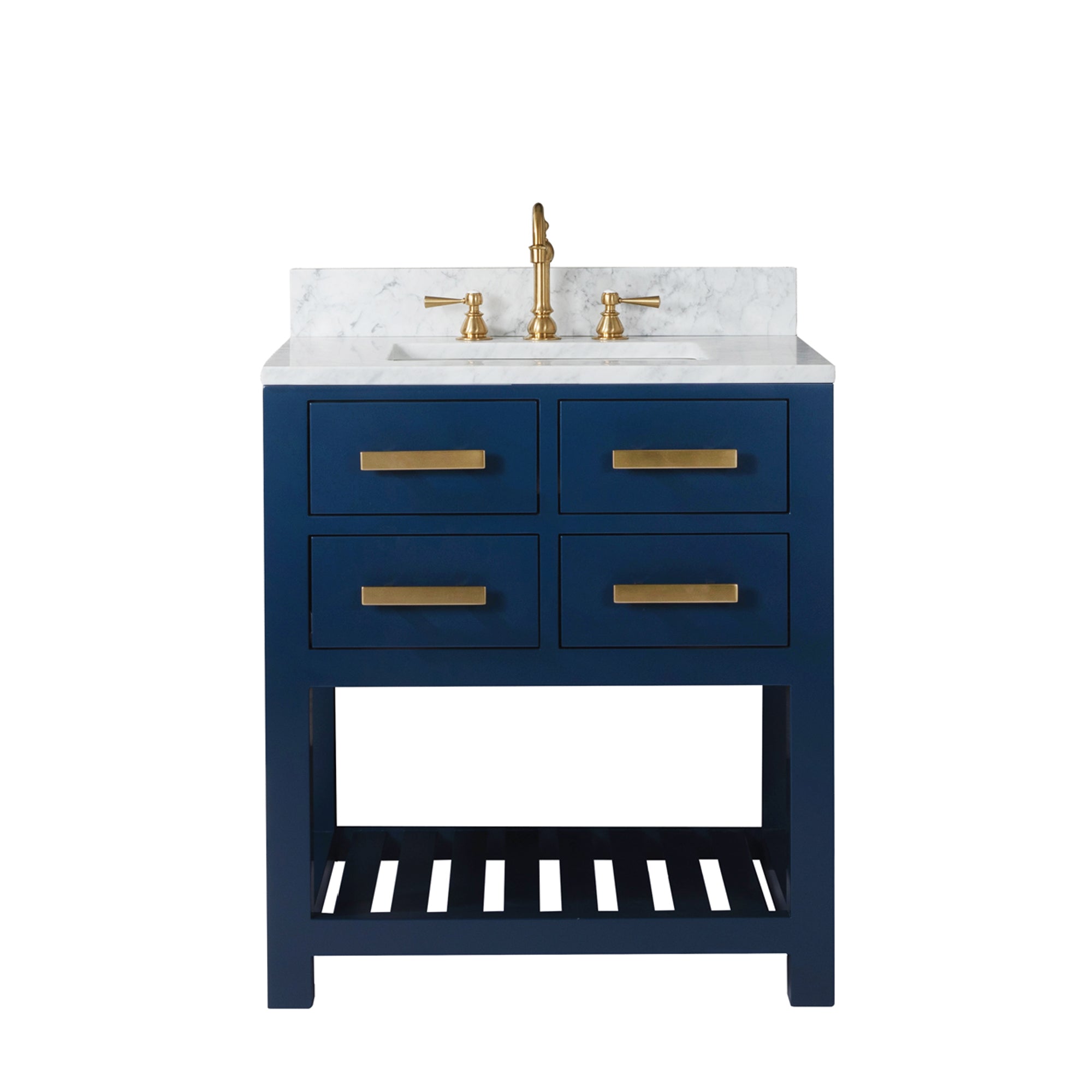 Water Creation | 30 Inch Monarch Blue Single Sink Bathroom Vanity With F2-0012 Satin Gold Faucet From The Madalyn Collection | MA30CW06MB-000TL1206