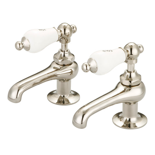 Water Creation | Vintage Classic Basin Cocks Lavatory Faucets in Polished Nickel (PVD) Finish With Porcelain Lever Handles, Hot And Cold Labels Included | F1-0003-05-CL