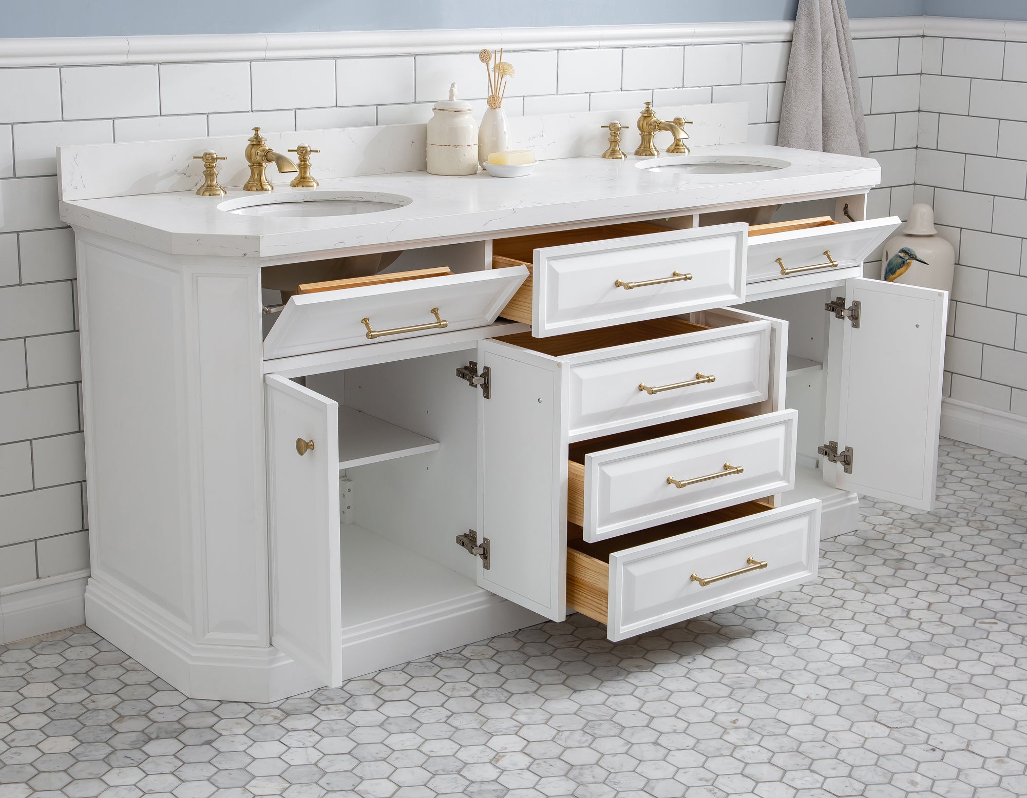 Water Creation | 72" Palace Collection Quartz Carrara Pure White Bathroom Vanity Set With Hardware in Satin Gold Finish And Only Mirrors in Chrome Finish | PA72QZ06PW-000000000