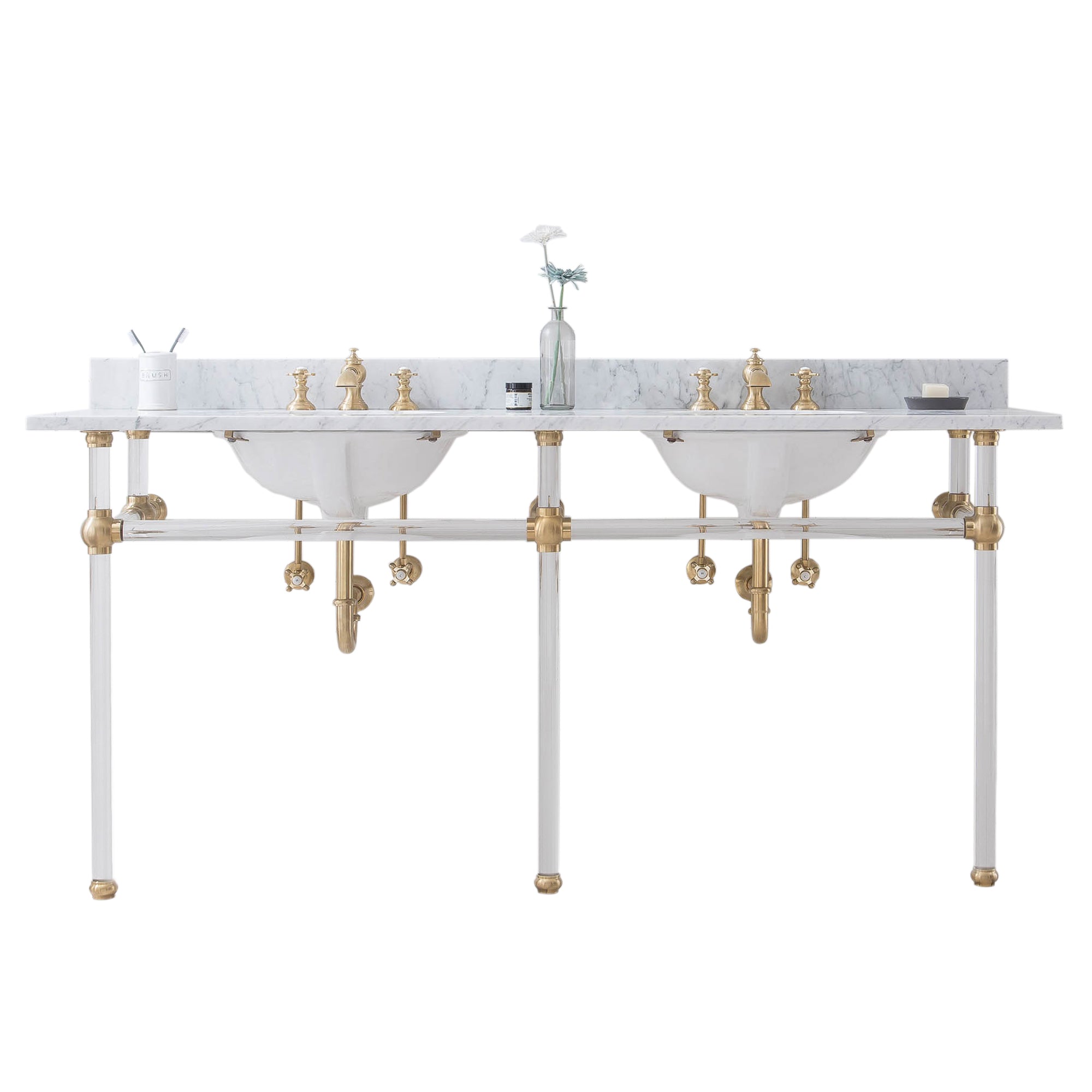 Water Creation | Empire 72 Inch Wide Double Wash Stand, P-Trap, Counter Top with Basin, and F2-0013 Faucet included in Satin Gold Finish | EP72D-0613