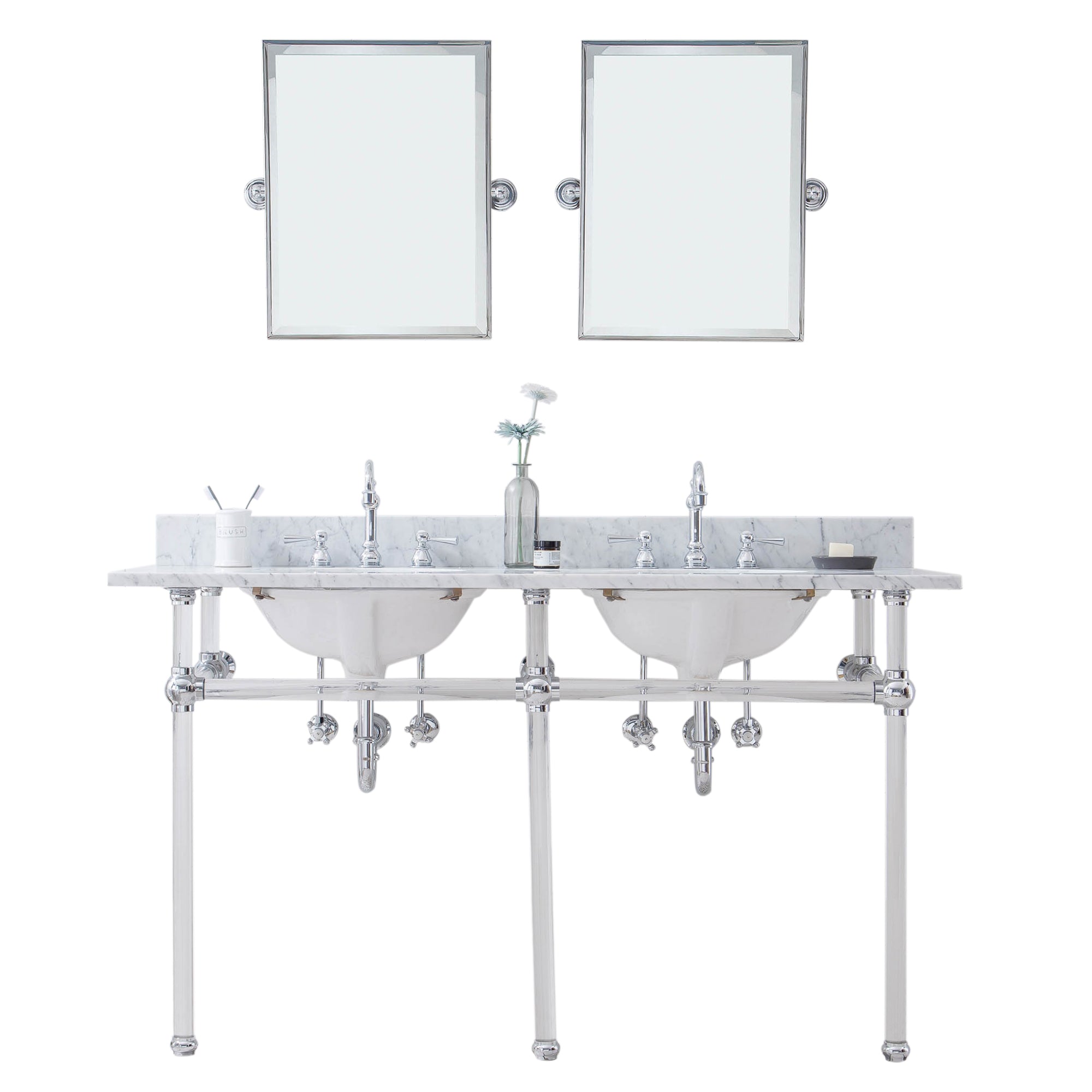 Water Creation | Empire 60 Inch Wide Double Wash Stand, P-Trap, Counter Top with Basin, F2-0012 Faucet and Mirror included in Chrome Finish | EP60E-0112