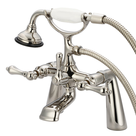 Water Creation | Vintage Classic 7 Inch Spread Deck Mount Tub Faucet With Handheld Shower in Polished Nickel (PVD) Finish With Metal Lever Handles Without Labels | F6-0003-05-AL