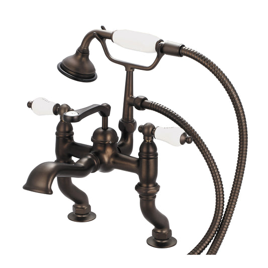 Water Creation | Vintage Classic Adjustable Center Deck Mount Tub Faucet With Handheld Shower in Oil-rubbed Bronze Finish Finish With Porcelain Lever Handles, Hot And Cold Labels Included | F6-0004-03-CL