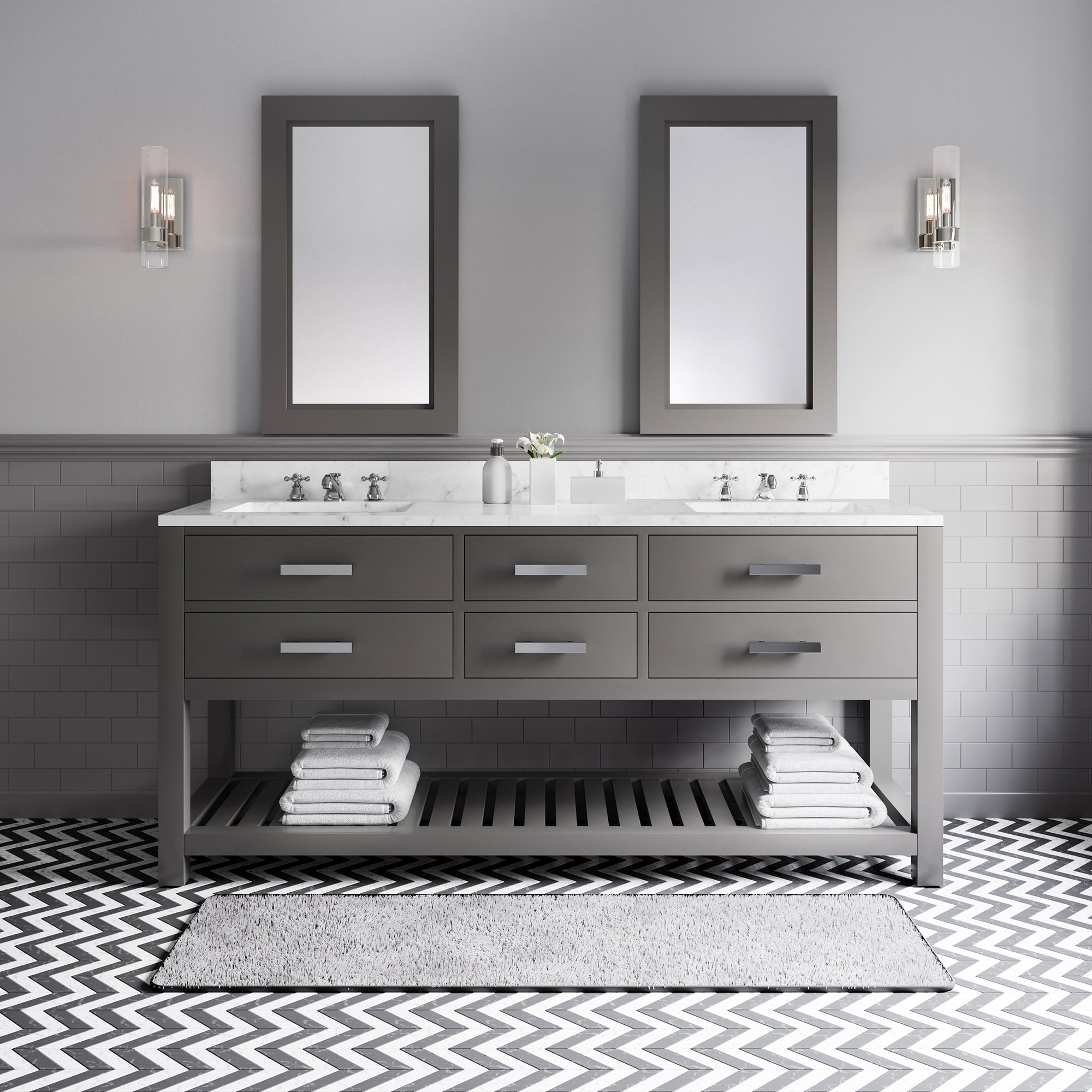 Water Creation | 72 Inch Cashmere Grey Double Sink Bathroom Vanity With 2 Matching Framed Mirrors And Faucets From The Madalyn Collection | MA72CW01CG-R24BX0901