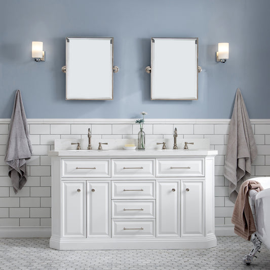 Water Creation | 60" Palace Collection Quartz Carrara Pure White Bathroom Vanity Set With Hardware And F2-0012 Faucets, Mirror in Polished Nickel (PVD) Finish | PA60QZ05PW-E18TL1205