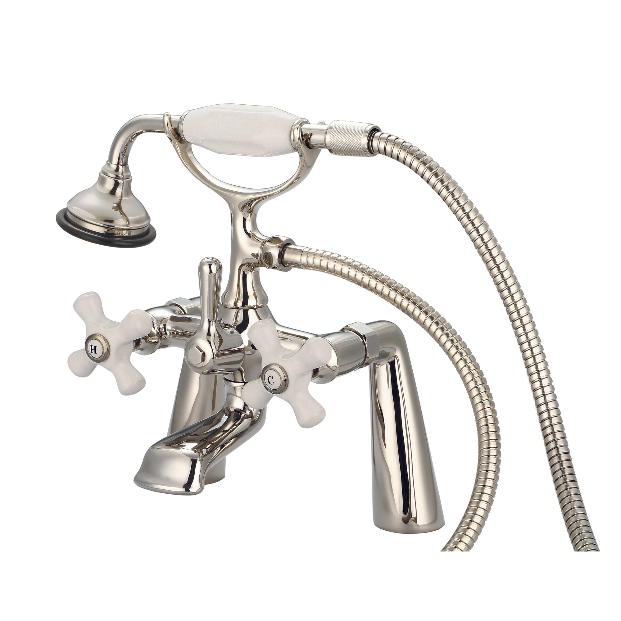 Water Creation | Vintage Classic 7 Inch Spread Deck Mount Tub Faucet With Handheld Shower in Polished Nickel (PVD) Finish With Porcelain Cross Handles, Hot And Cold Labels Included | F6-0003-05-PX