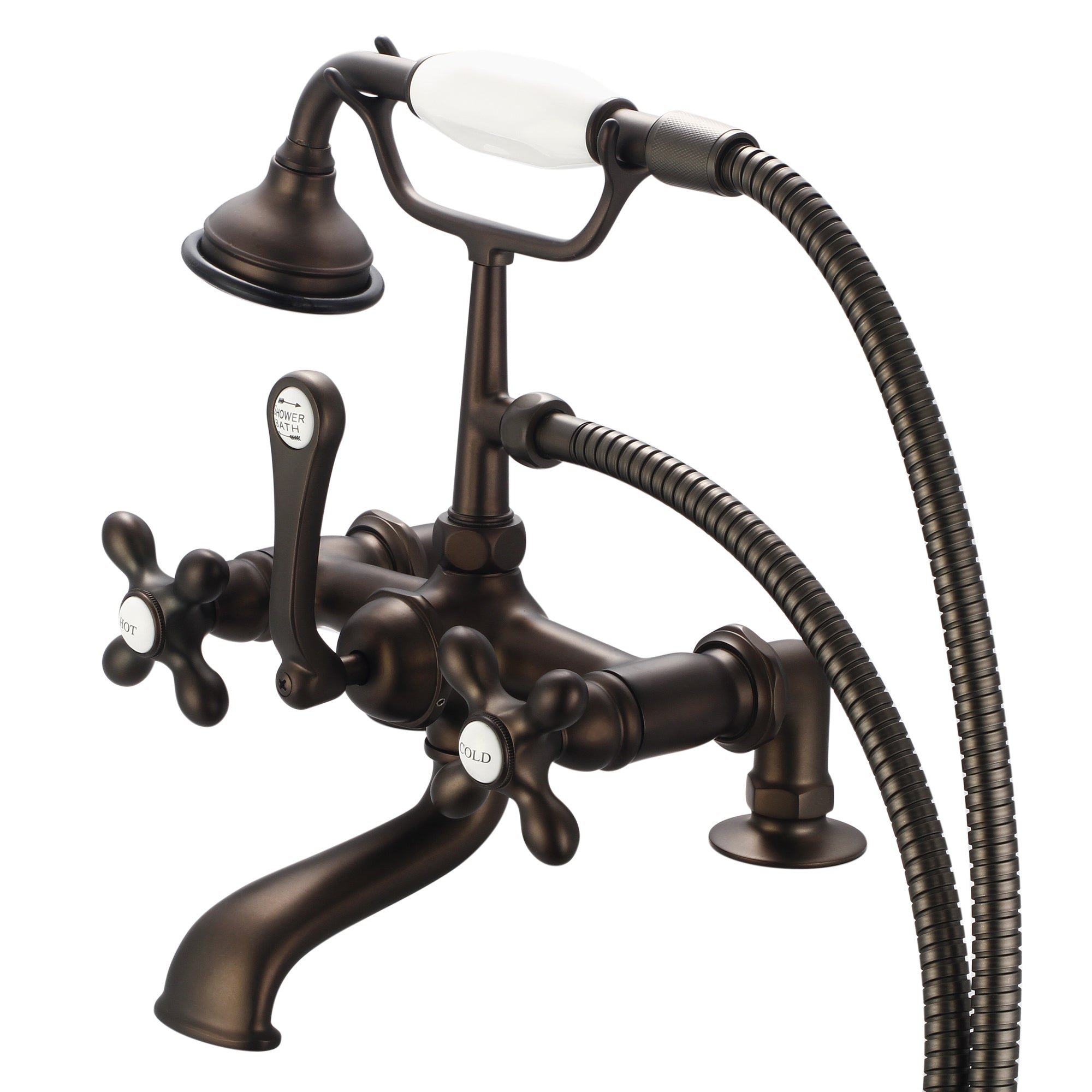 Water Creation | Vintage Classic 7 Inch Spread Deck Mount Tub Faucet With 2 Inch Risers & Handheld Shower in Oil-rubbed Bronze Finish Finish With Metal Lever Handles, Hot And Cold Labels Included | F6-0007-03-AX