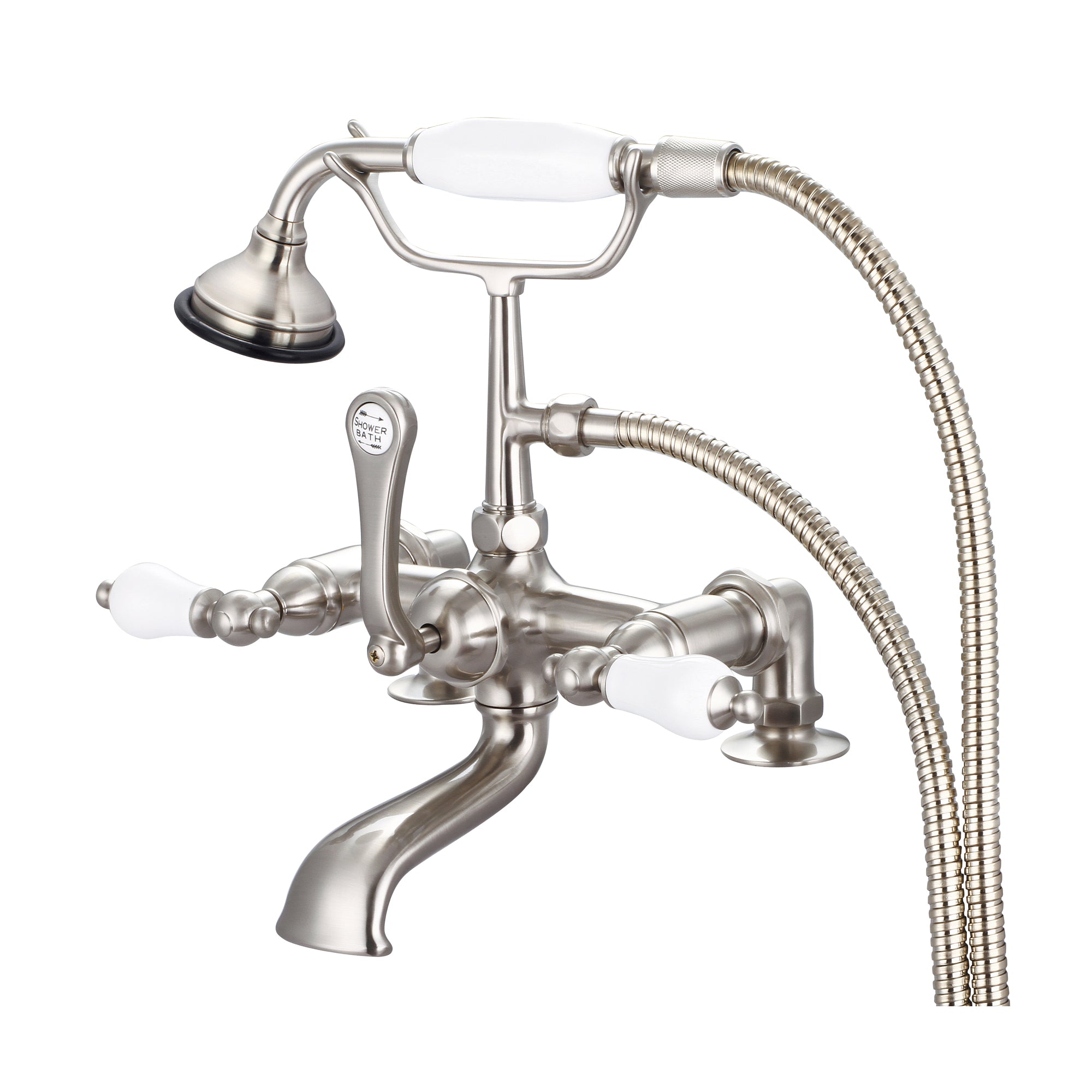 Water Creation | Vintage Classic 7 Inch Spread Deck Mount Tub Faucet With 2 Inch Risers & Handheld Shower in Brushed Nickel Finish With Porcelain Lever Handles Without labels | F6-0007-02-PL