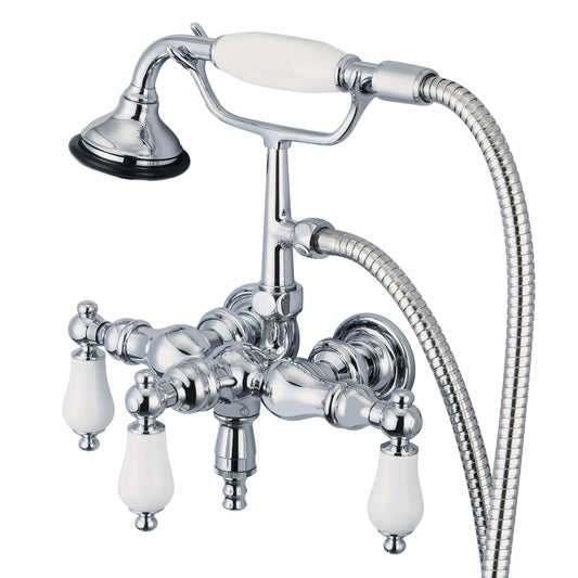 Water Creation | Vintage Classic 3.375 Inch Center Wall Mount Tub Faucet With Down Spout, Straight Wall Connector & Handheld Shower in Chrome Finish With Porcelain Lever Handles Without labels | F6-0017-01-PL