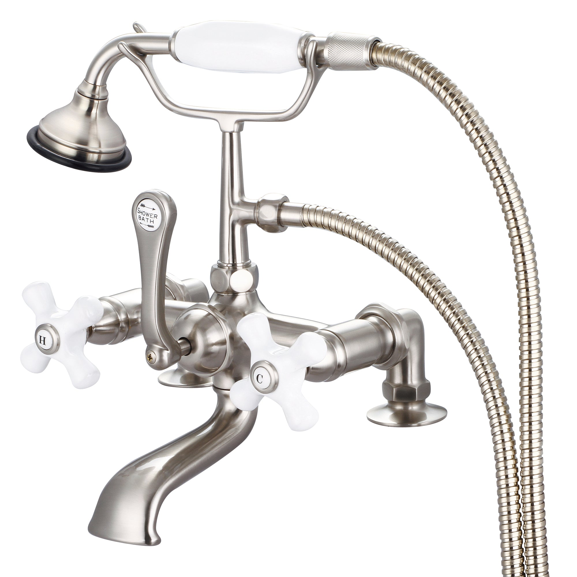 Water Creation | Vintage Classic 7 Inch Spread Deck Mount Tub Faucet With 2 Inch Risers & Handheld Shower in Brushed Nickel Finish With Porcelain Cross Handles, Hot And Cold Labels Included | F6-0007-02-PX