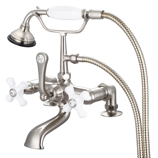 Water Creation | Vintage Classic 7 Inch Spread Deck Mount Tub Faucet With 2 Inch Risers & Handheld Shower in Brushed Nickel Finish With Porcelain Cross Handles, Hot And Cold Labels Included | F6-0007-02-PX