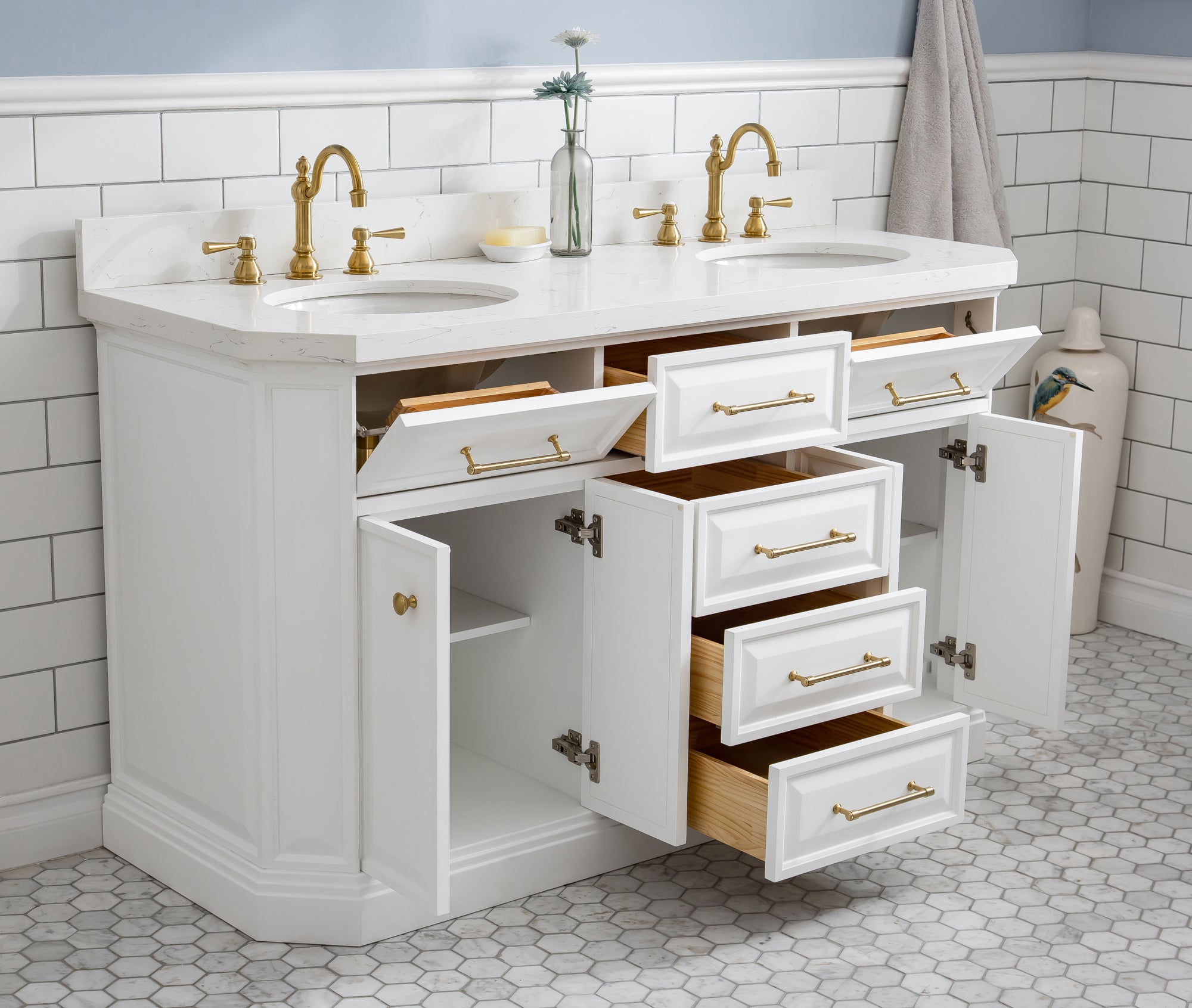 Water Creation | 60" Palace Collection Quartz Carrara Pure White Bathroom Vanity Set With Hardware And F2-0012 Faucets in Satin Gold Finish And Only Mirrors in Chrome Finish | PA60QZ06PW-000TL1206