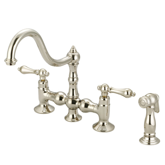 Water Creation | Bridge Style Kitchen Faucet With Side Spray To Match in Polished Nickel (PVD) Finish With Metal Lever Handles Without Labels | F5-0010-05-AL