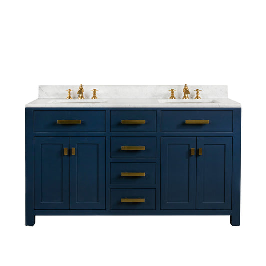 Water Creation | Madison 60-Inch Double Sink Carrara White Marble Vanity In Monarch BlueWith F2-0013-06-FX Lavatory Faucet(s) | MS60CW06MB-000FX1306