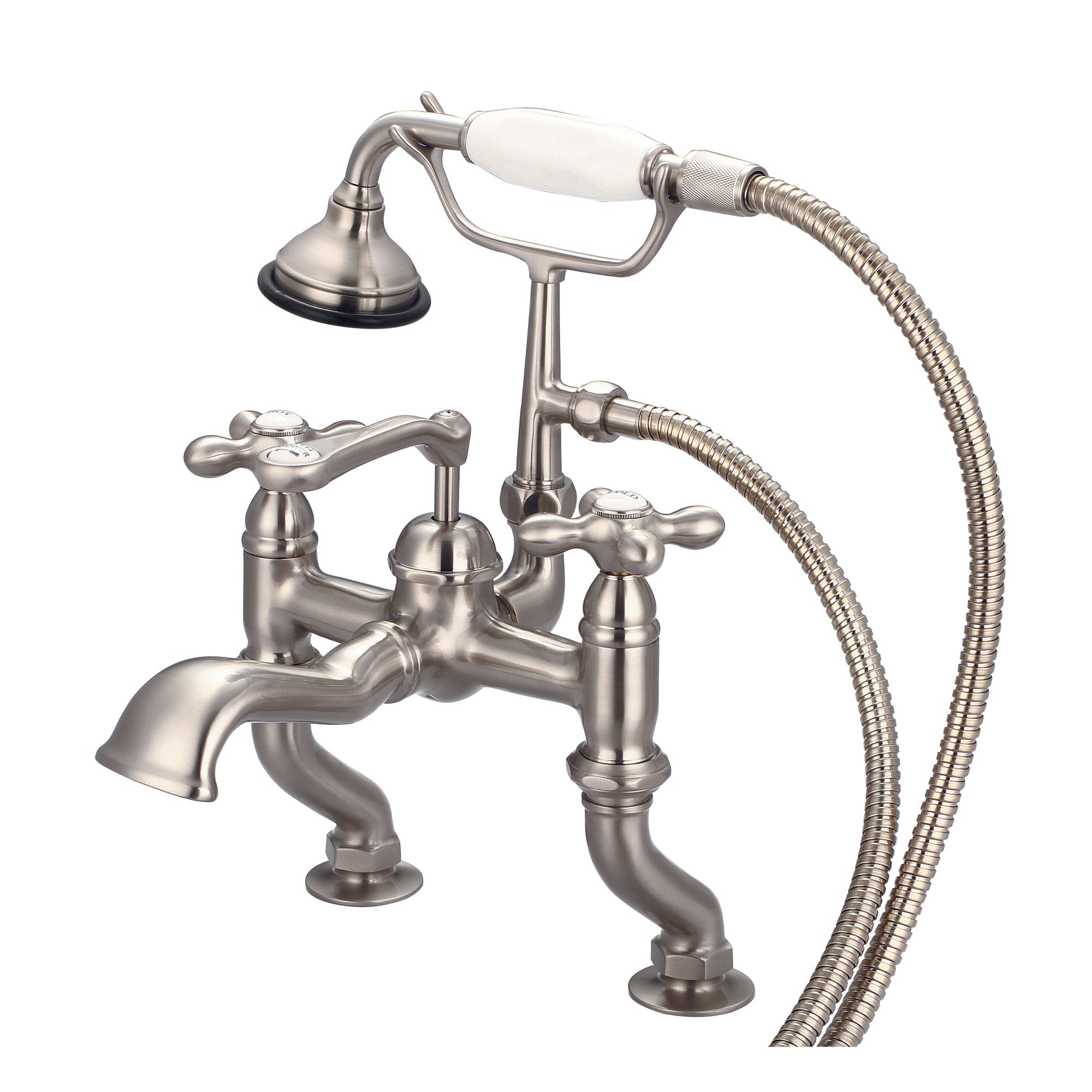 Water Creation | Vintage Classic Adjustable Center Deck Mount Tub Faucet With Handheld Shower in Brushed Nickel Finish With Metal Lever Handles, Hot And Cold Labels Included | F6-0004-02-AX
