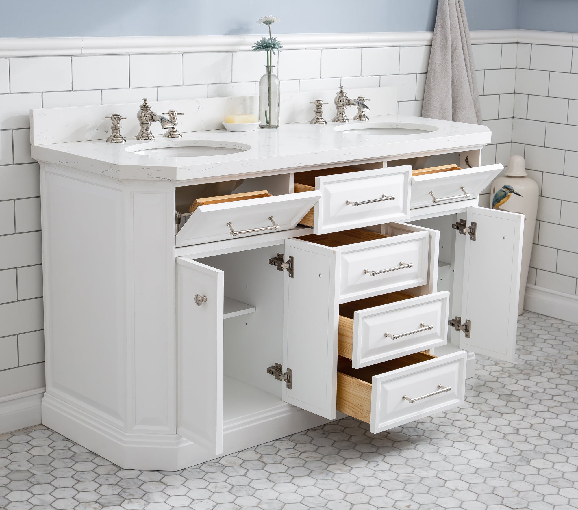 Water Creation | 60" Palace Collection Quartz Carrara Pure White Bathroom Vanity Set With Hardware And F2-0013 Faucets, Mirror in Polished Nickel (PVD) Finish | PA60QZ05PW-E18FX1305