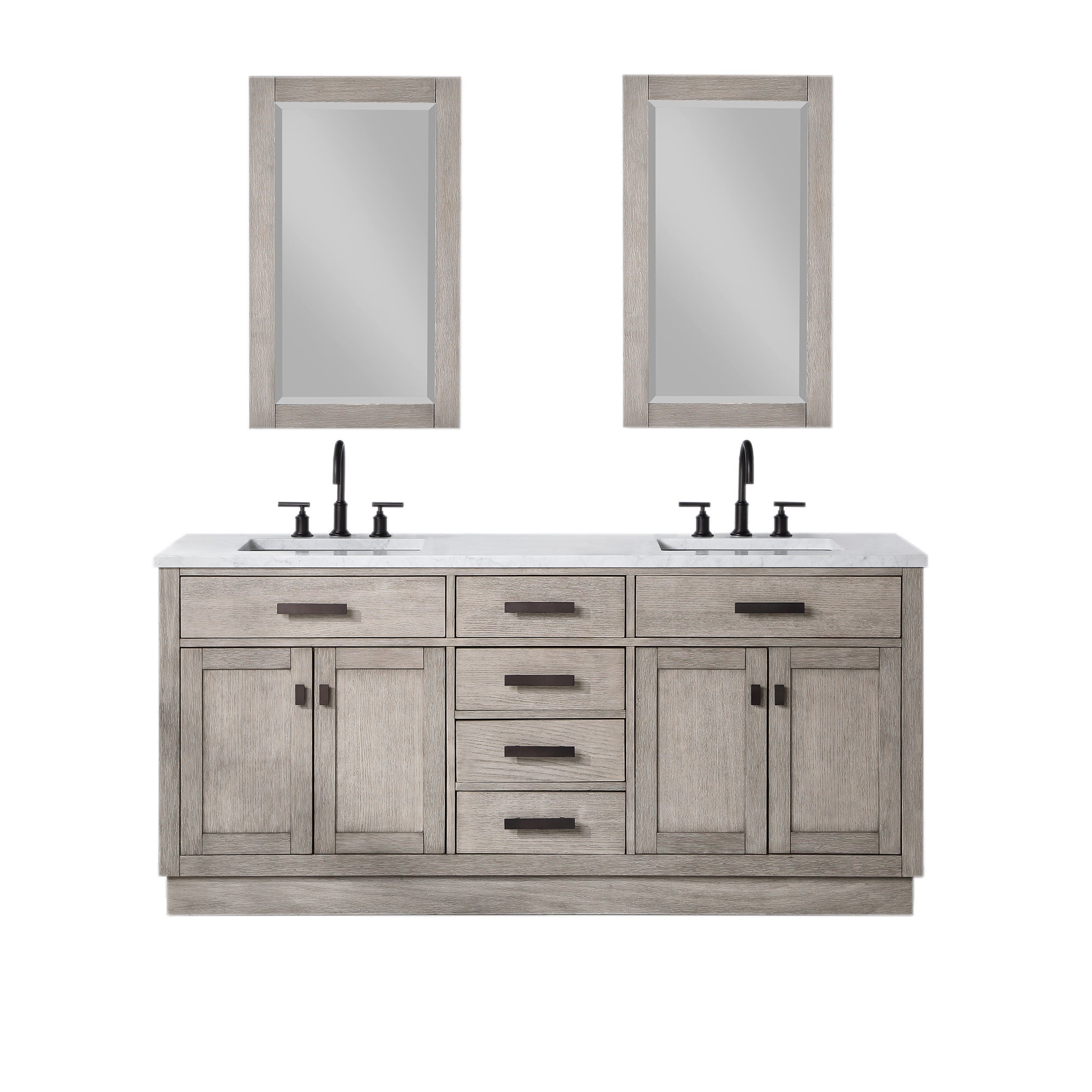 Water Creation | Chestnut 72 In. Double Sink Carrara White Marble Countertop Vanity In Grey Oak with Grooseneck Faucets and Mirrors | CH72CW03GK-R21BL1403