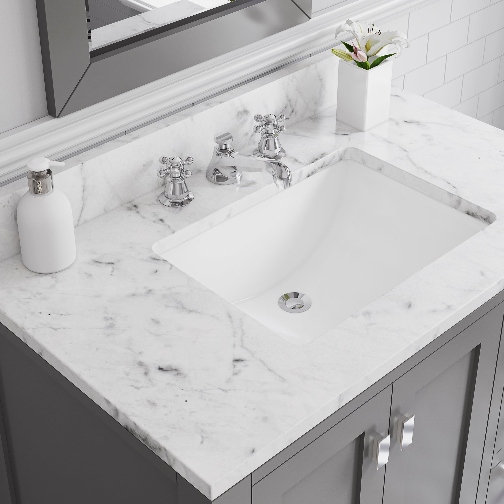 Water Creation | 36 Inch Wide Cashmere Grey Single Sink Bathroom Vanity With Matching Mirror And Faucet(s) From The Madison Collection | MS36CW01CG-R24BX0901