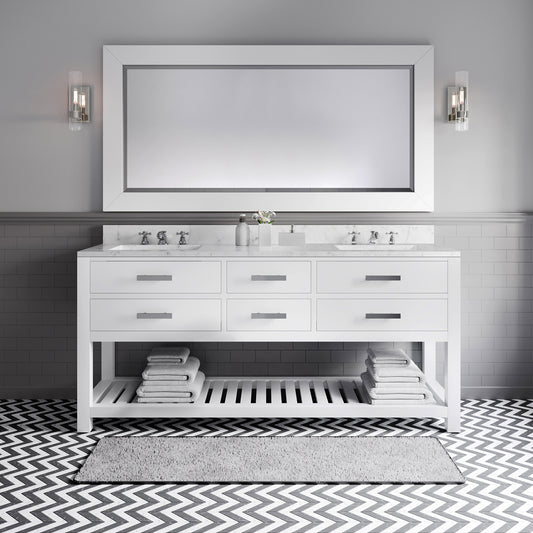 Water Creation | 72 Inch Pure White Double Sink Bathroom Vanity With Matching Framed Mirror And Faucet From The Madalyn Collection | MA72CW01PW-R72BX0901