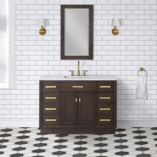 Water Creation | Chestnut 48 In. Single Sink Carrara White Marble Countertop Vanity In Brown Oak with Grooseneck Faucet and Mirror | CH48CW06BK-R21BL1406