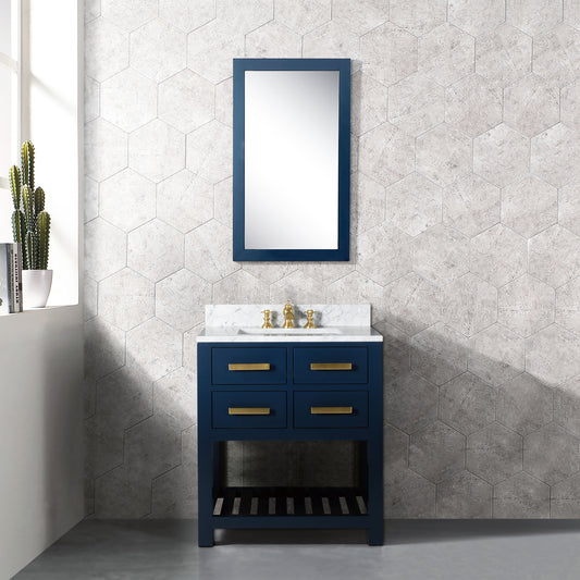 Water Creation | 30 Inch Monarch Blue Single Sink Bathroom Vanity With F2-0013 Satin Gold Faucet And Mirror From The Madalyn Collection | MA30CW06MB-R21FX1306