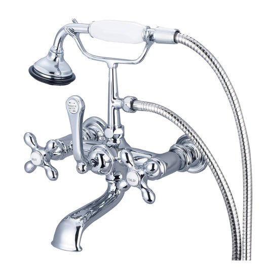 Water Creation | Vintage Classic 7 Inch Spread Wall Mount Tub Faucet With Straight Wall Connector & Handheld Shower in Chrome Finish With Metal Lever Handles, Hot And Cold Labels Included | F6-0010-01-AX