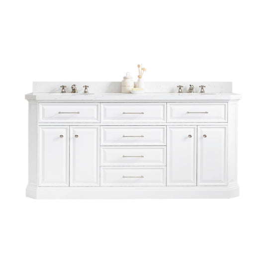 Water Creation | 72" Palace Collection Quartz Carrara Pure White Bathroom Vanity Set With Hardware And F2-0009 Faucets in Polished Nickel (PVD) Finish | PA72QZ05PW-000BX0905