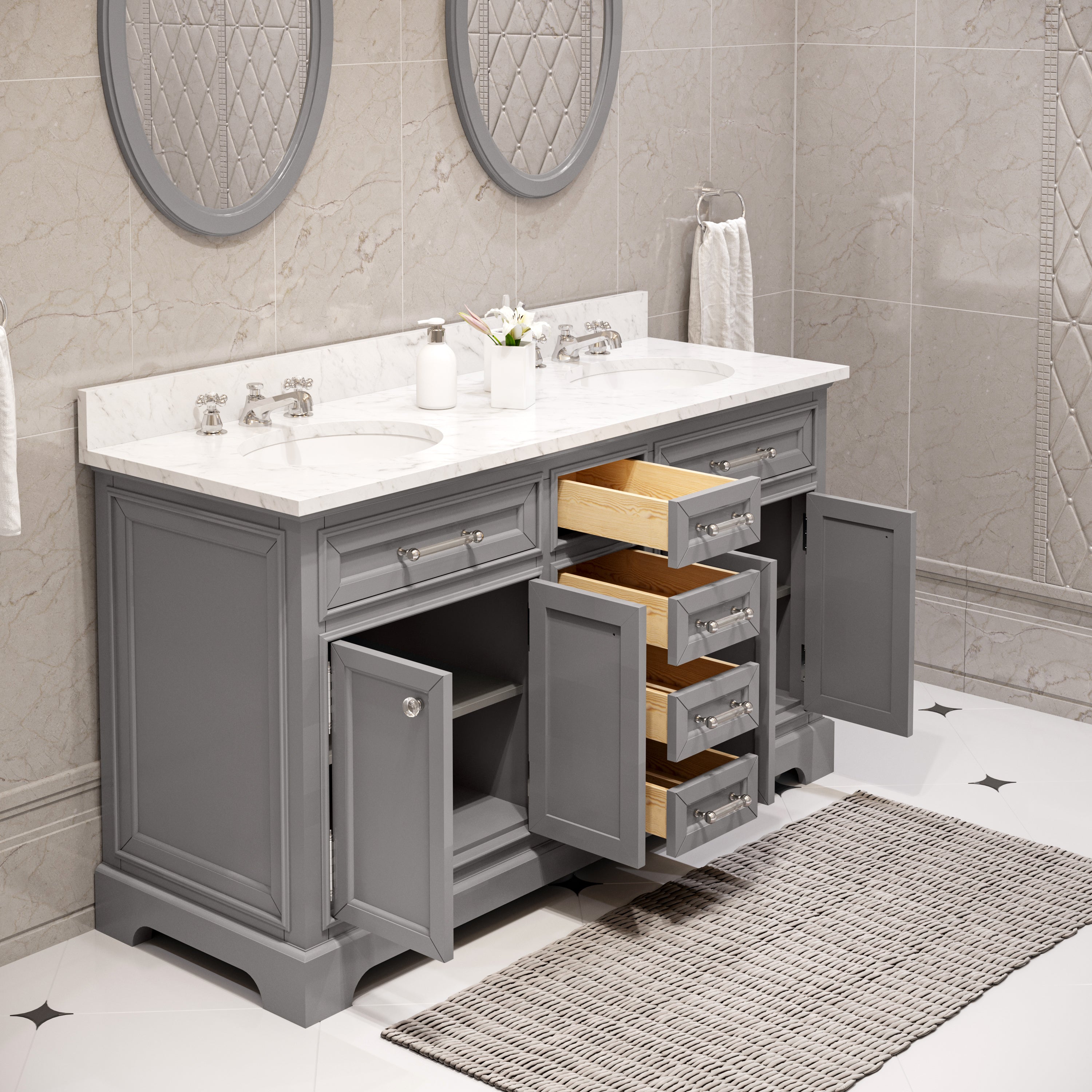 Water Creation | 60 Inch Cashmere Grey Double Sink Bathroom Vanity With Matching Framed Mirrors And Faucets From The Derby Collection | DE60CW01CG-O21BX0901