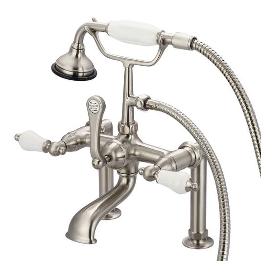 Water Creation | Vintage Classic 7 Inch Spread Deck Mount Tub Faucet With 6 Inch Risers & Handheld Shower in Brushed Nickel Finish With Porcelain Lever Handles Without labels | F6-0006-02-PL