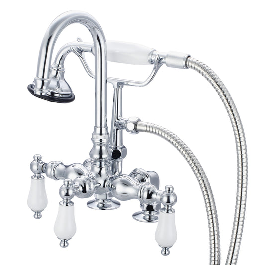 Water Creation | Vintage Classic 3.375 Inch Center Deck Mount Tub Faucet With Gooseneck Spout, 2 Inch Risers & Handheld Shower in Chrome Finish With Porcelain Lever Handles Without labels | F6-0013-01-PL