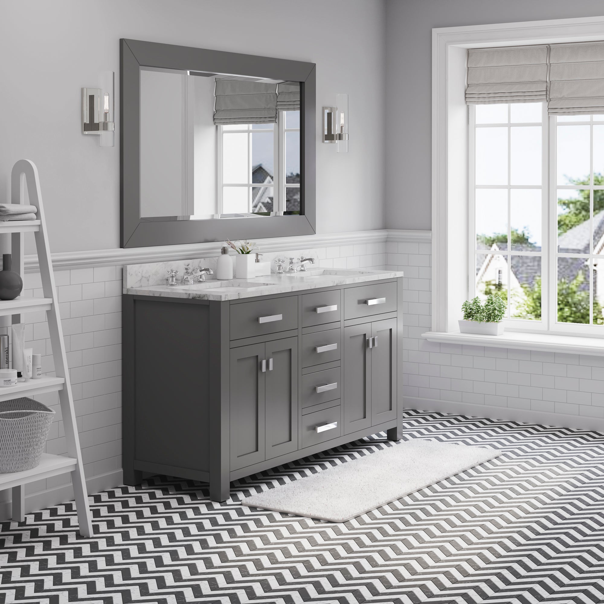 Water Creation | 60 Inch Cashmere Grey Double Sink Bathroom Vanity With Matching Framed Mirror And Faucet From The Madison Collection | MS60CW01CG-R60BX0901