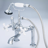 Water Creation | Vintage Classic 7 Inch Spread Deck Mount Tub Faucet With 6 Inch Risers & Handheld Shower in Chrome Finish With Porcelain Cross Handles, Hot And Cold Labels Included | F6-0006-01-PX