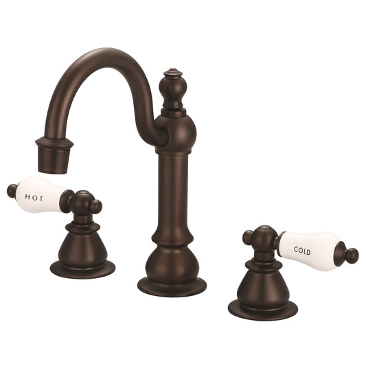 Water Creation | American 20th Century Classic Widespread Lavatory F2-0012 Faucets With Pop-Up Drain in Oil-rubbed Bronze Finish With Porcelain Lever Handles, Hot And Cold Labels Included | F2-0012-03-CL