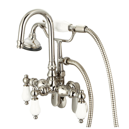 Water Creation | Vintage Classic Adjustable Spread Wall Mount Tub Faucet With Gooseneck Spout, Swivel Wall Connector & Handheld Shower in Polished Nickel (PVD) Finish With Porcelain Lever Handles Without labels | F6-0011-05-PL